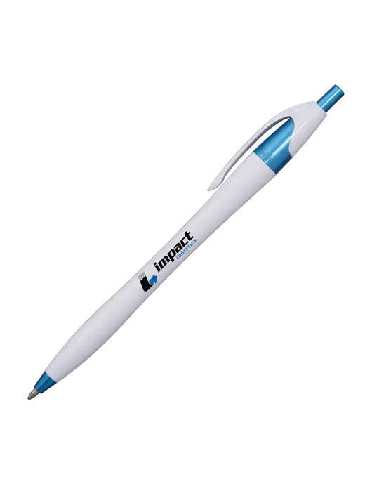 Novella White/Blue Shimmer Pen - Blue Ink w/Impact Logistics Logo