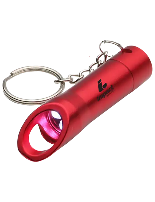 Red Pocket LED Flashlight with Bottle Opener & Keychain w/Impact Logistics Logo